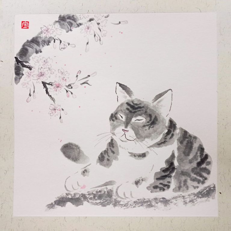 Мастер–класс по японской живописи тушью суми–э «Котик любуется сакурой» 7 апреля