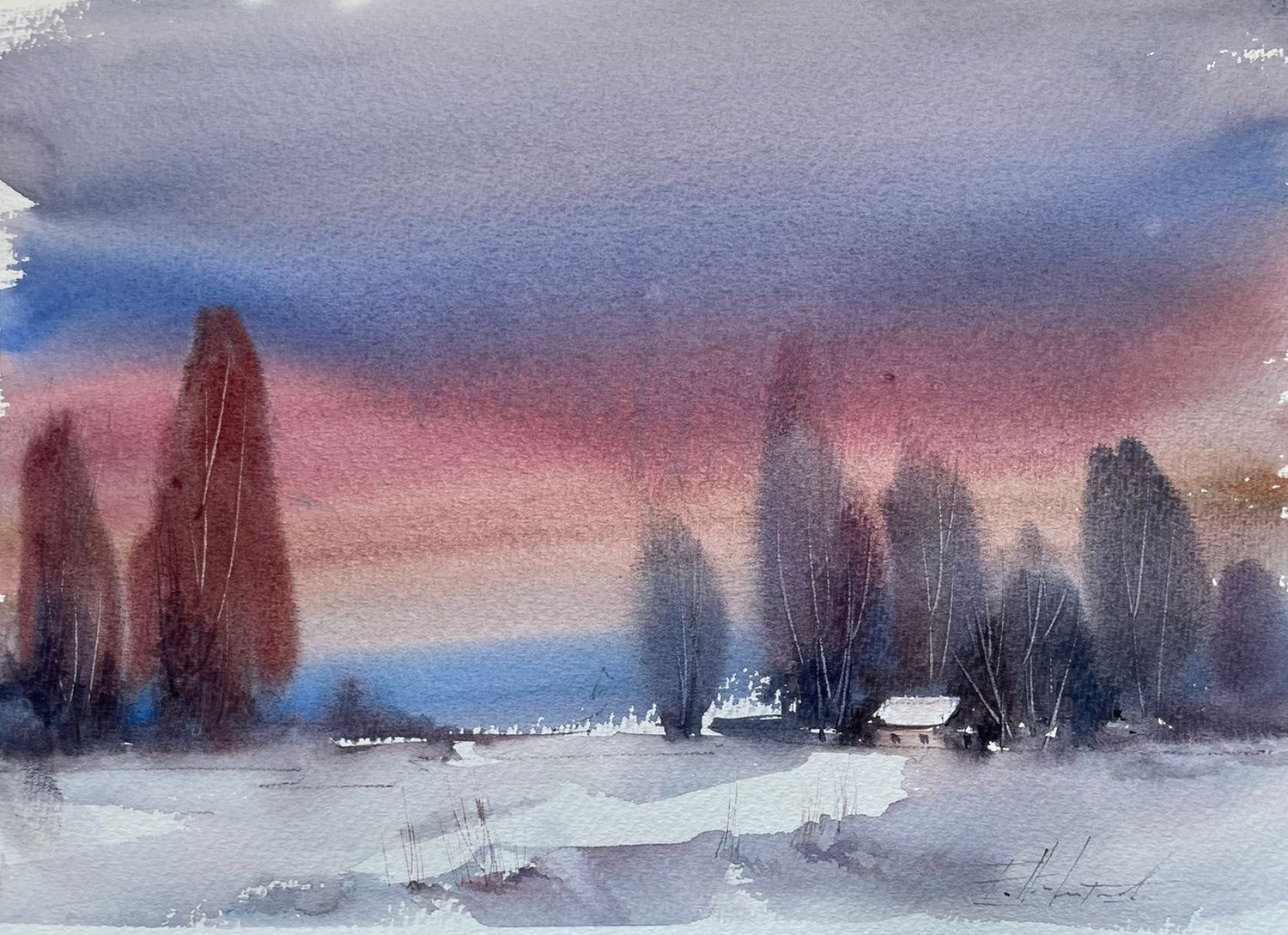 Творческое занятие по акварели «Застывший закат» 26 декабря