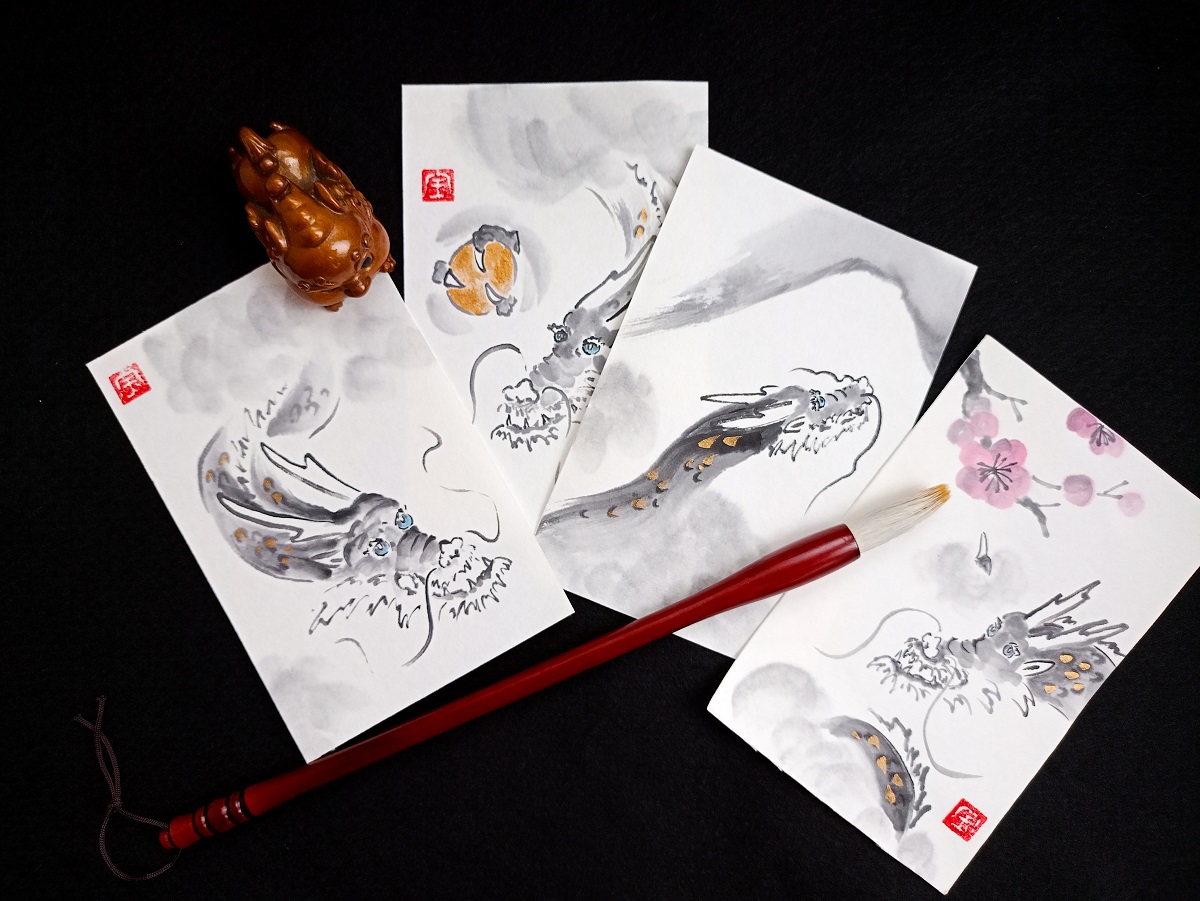 Роспись японской новогодней открытки нэнгадзë «Дракон» 27 января